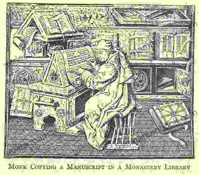 Monks Engrossed In Studying And Copying Manuscripts In A Monastic Library. Old English Libraries / The Making Collection And Use Of During The Middle Ages